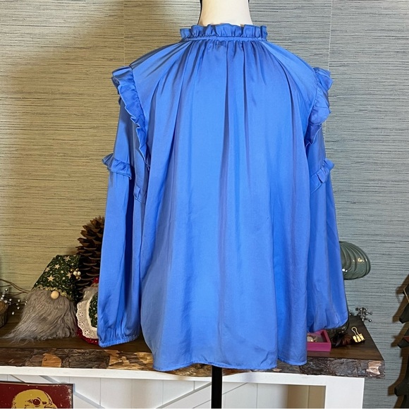 MANGO Blue Solid Tie-Up Neck Ruffles Detail Satin Blouson Top Women’s Size 10 - Picture 7 of 11